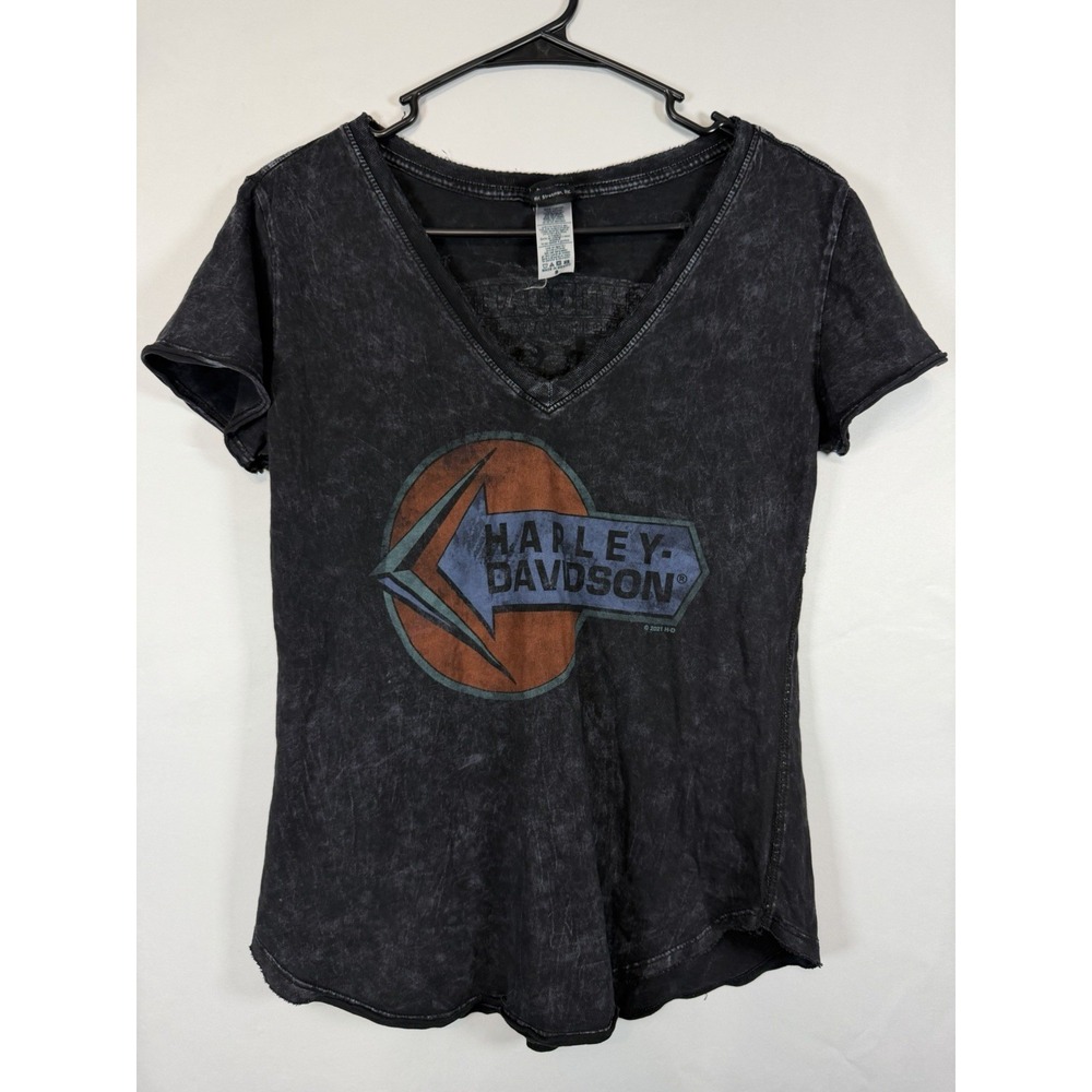 Harley-Davidson Black Acid Wash Short Sleeve V-Neck Tee Womens Small Distressed